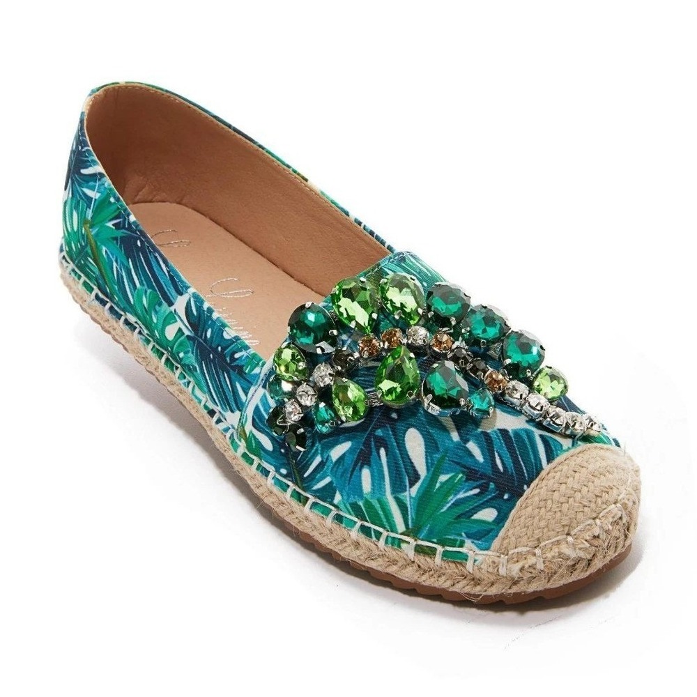 Lauren Lorraine Women Tropical Leaf Crystal Embellished Espadrille Flats Green 8